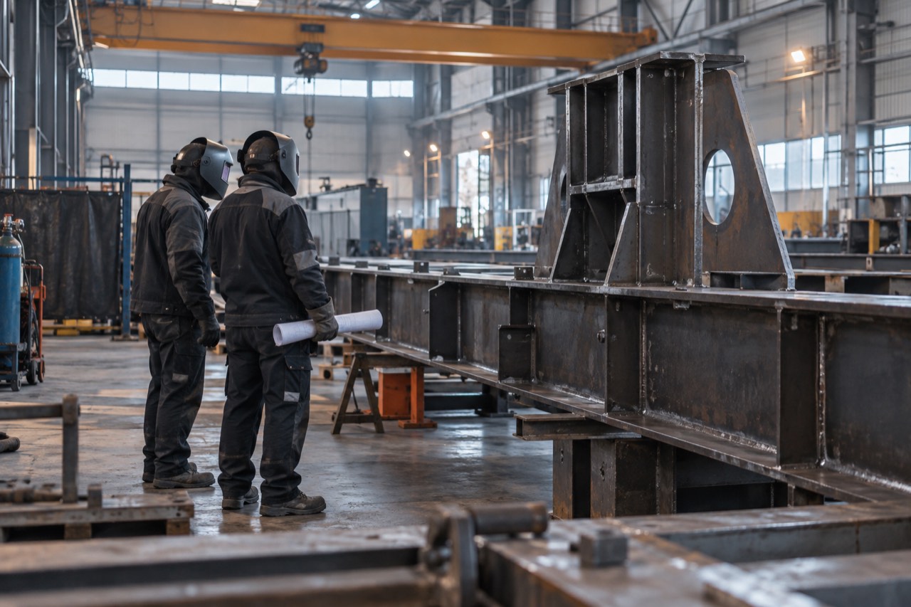 Industrial specialists inspecting a steel assembly